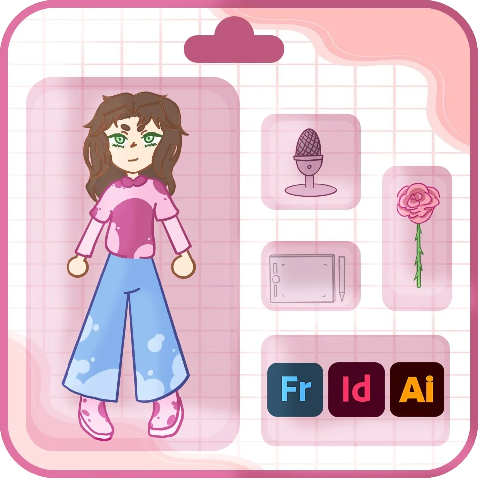 Zoé Regniers en figurine : micro, tablette graphique, rose et outils Adobe