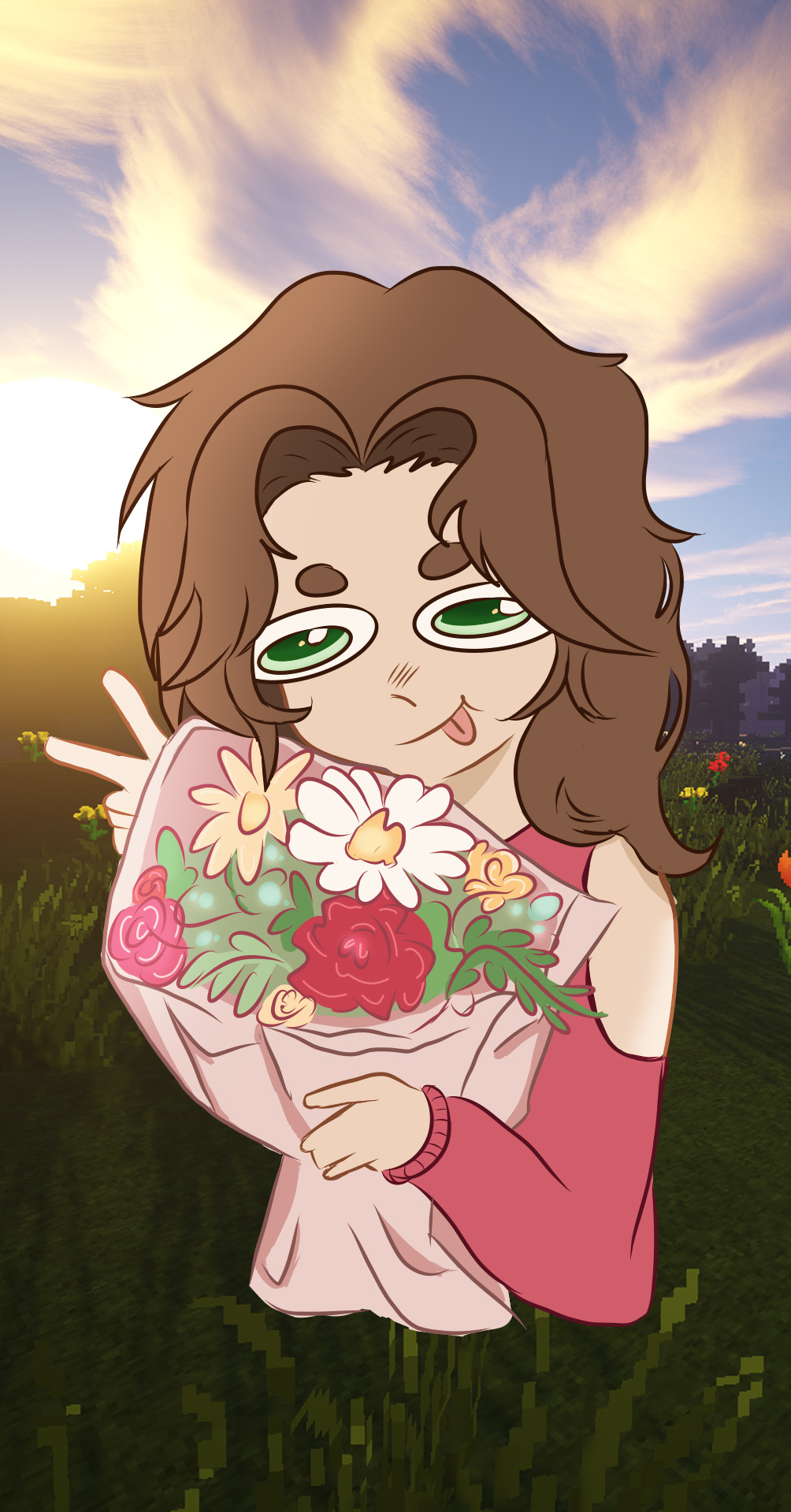 Portrait illustré de Zoé Regniers avec un bouquet de fleurs